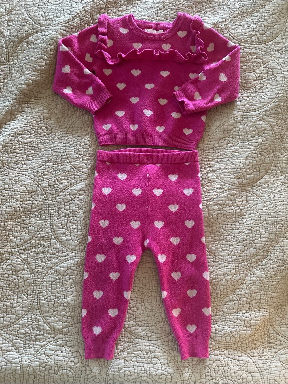 btween Hot Pink and White Heart Knit Matching Set